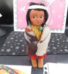 6" NATIVE SKOOKUM ORIGINAL DOLL, WOOL BLANKET, BEADS, RED PANTS, LABEL BULLY GOOD